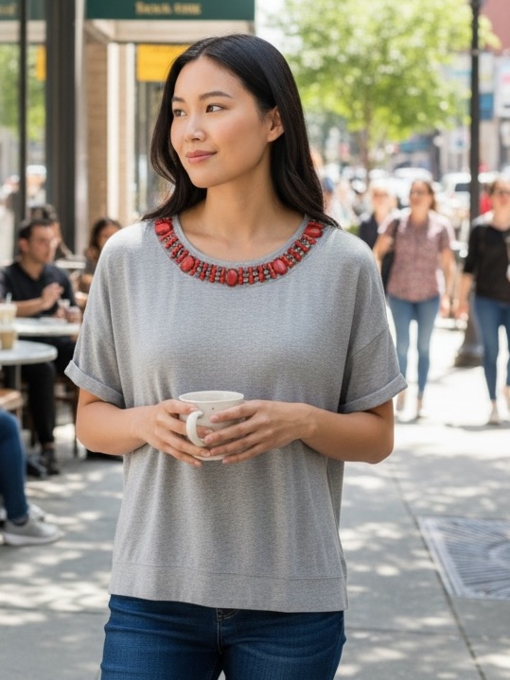 Halogen Gray Short-Sleeve Sweatshirt with Coral Beaded Neckline